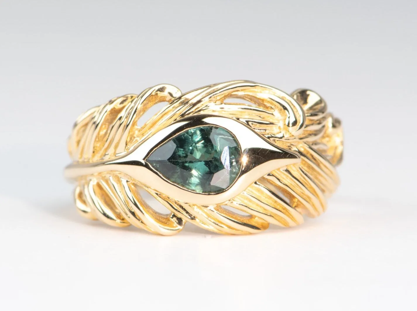 1ct Natural Teal Blue Nigerian Sapphire Hand-Carved Peacock Feather Ring 14K Gold R6671