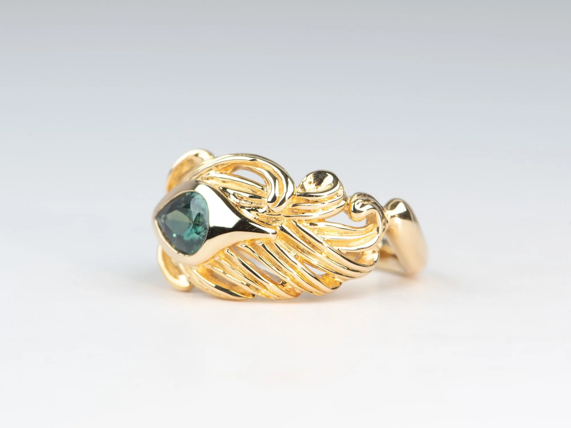 1ct Natural Teal Blue Nigerian Sapphire Hand-Carved Peacock Feather Ring 14K Gold R6671