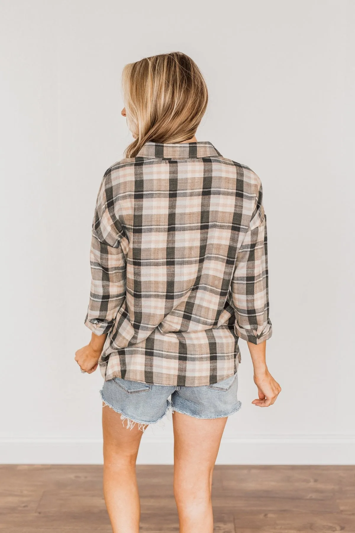 Always On My Side Plaid Button Top- Beige