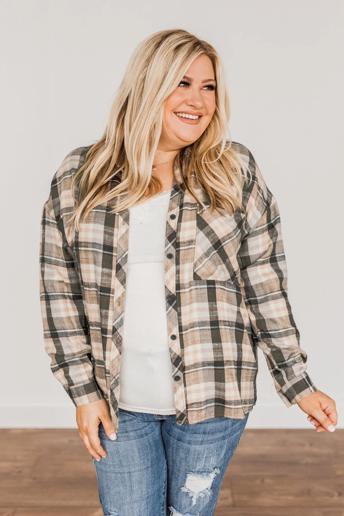 Always On My Side Plaid Button Top- Beige