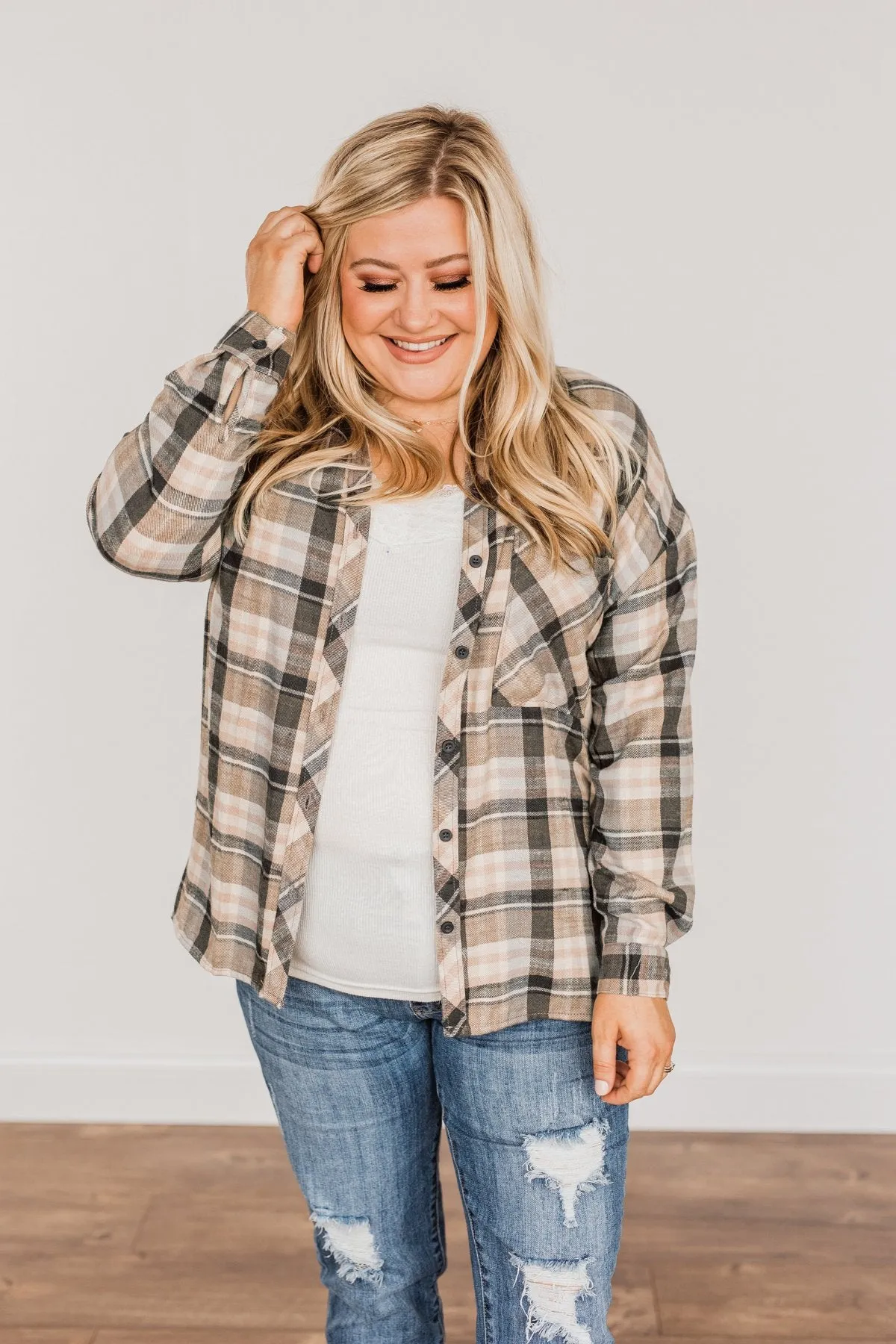 Always On My Side Plaid Button Top- Beige