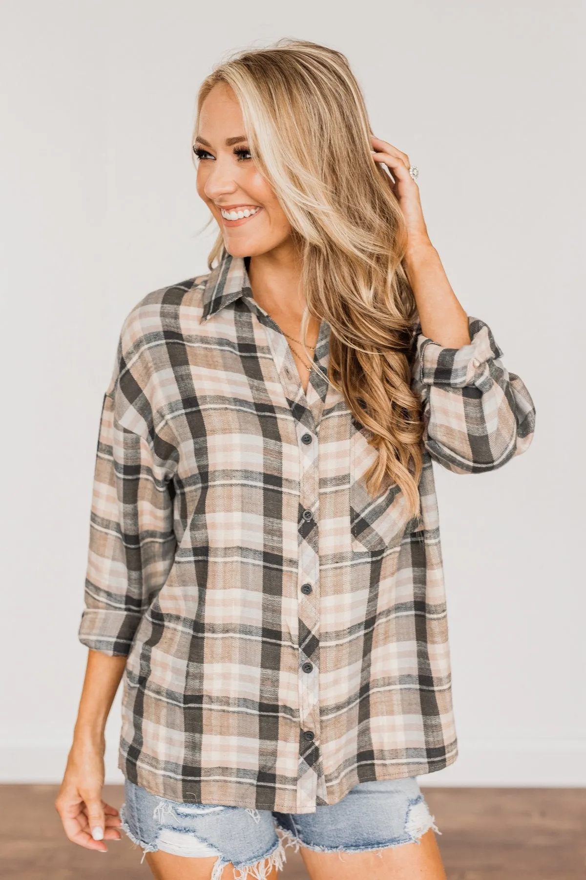 Always On My Side Plaid Button Top- Beige