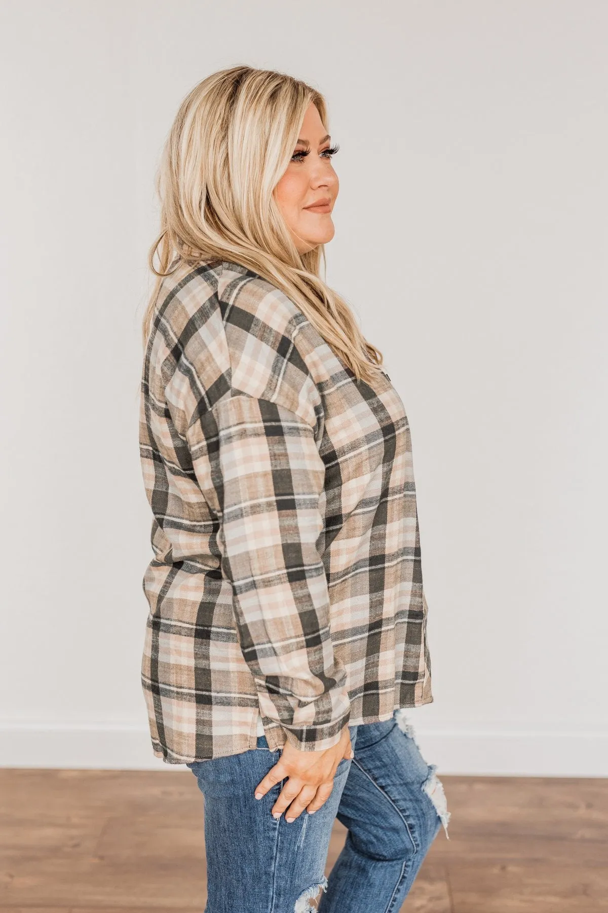 Always On My Side Plaid Button Top- Beige