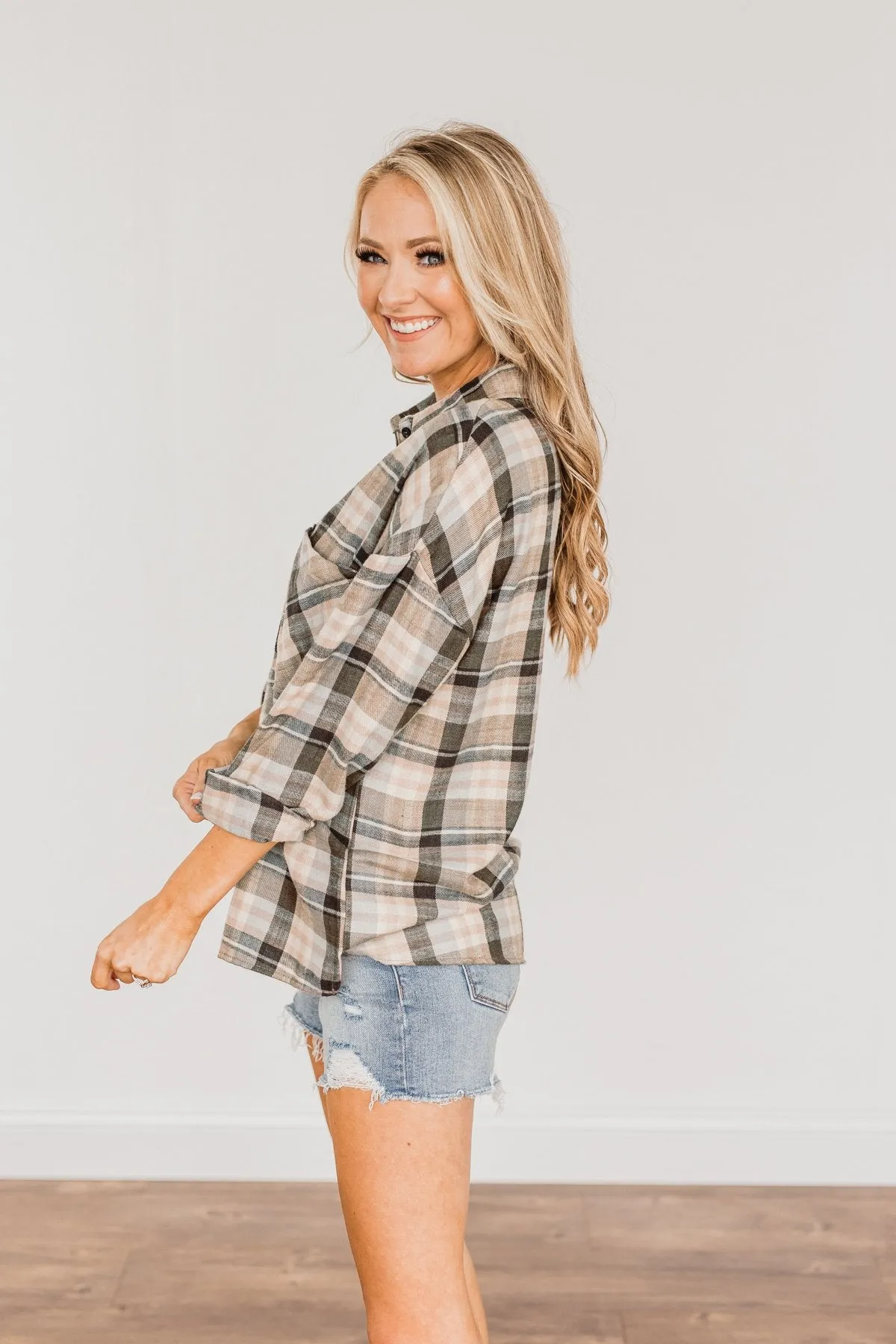 Always On My Side Plaid Button Top- Beige