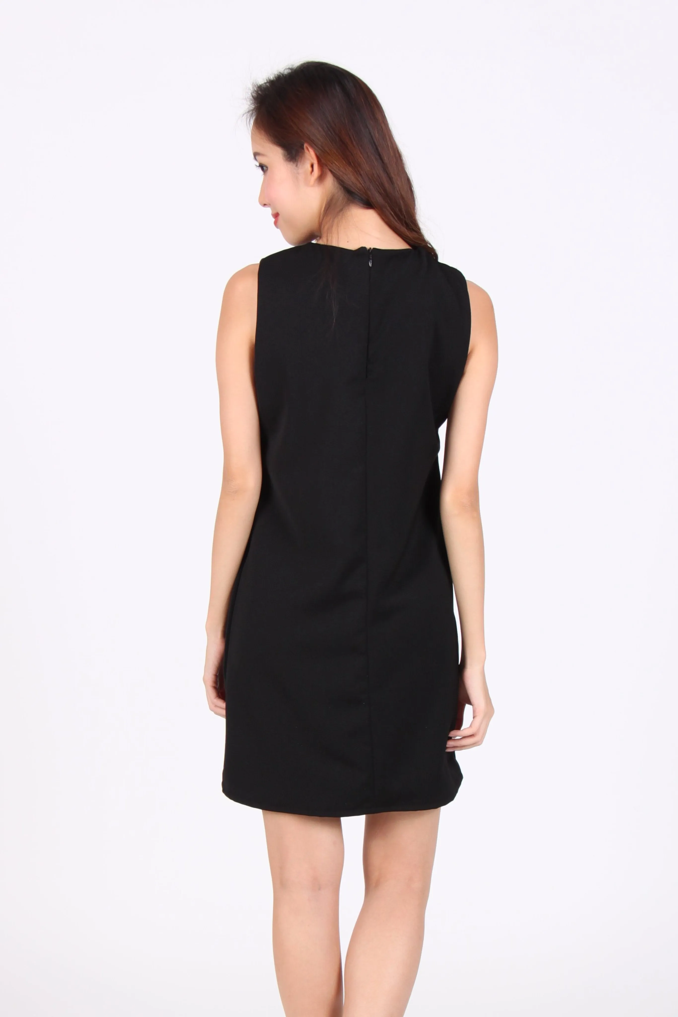 Bow Alike Sleeveless Shift Dress in Black