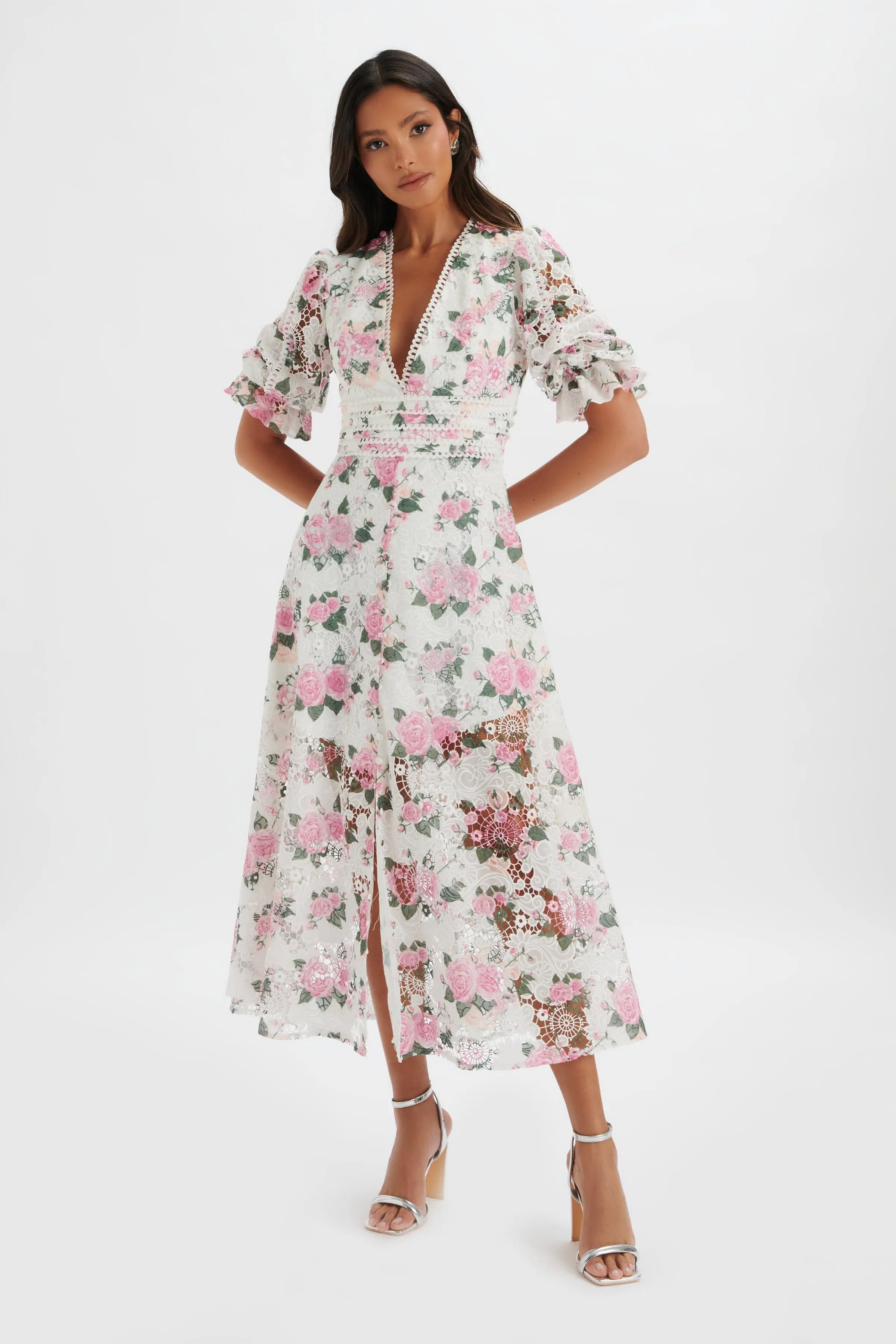 CINDY Micro Button and Loop Detail Long Midi Dress in Floral Broderie