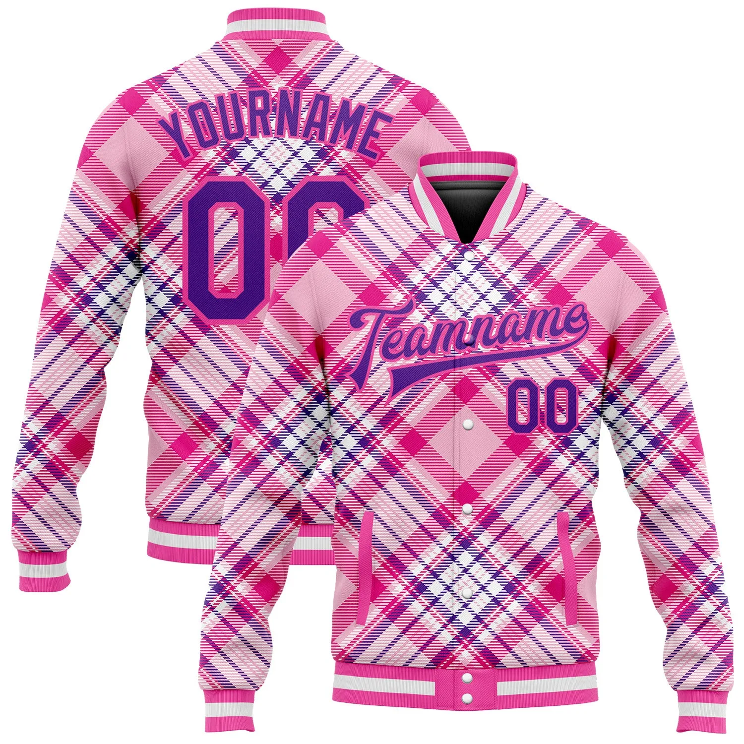 Custom Light Pink Purple-Pink Check Board 3D Pattern Design Bomber Full-Snap Varsity Letterman Jacket