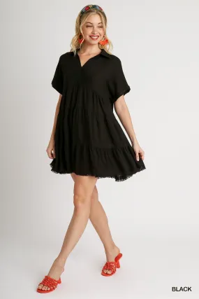 Linen Tiered Dress with Frayed Hem - Black