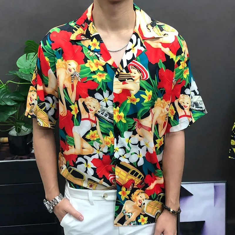 Men's Casual Colorful Flowers Printed Pattern Streetwear Short Sleeve Shirt