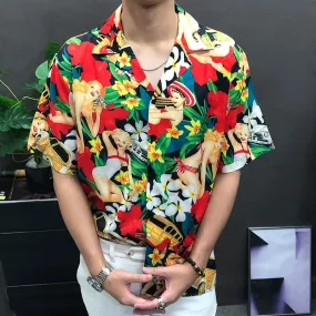 Men's Casual Colorful Flowers Printed Pattern Streetwear Short Sleeve Shirt