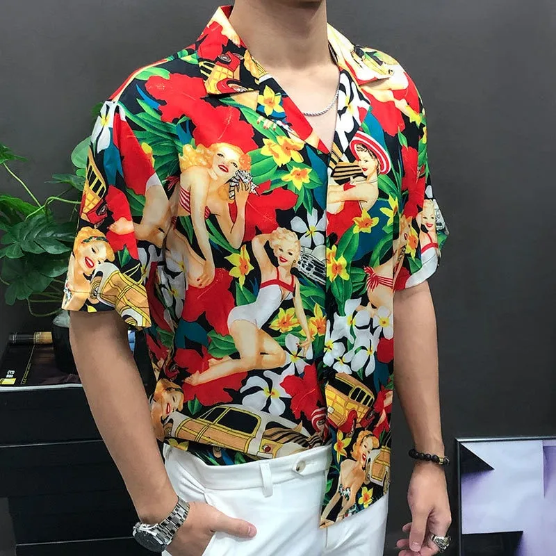 Men's Casual Colorful Flowers Printed Pattern Streetwear Short Sleeve Shirt