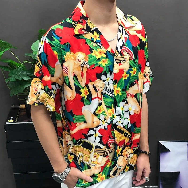 Men's Casual Colorful Flowers Printed Pattern Streetwear Short Sleeve Shirt