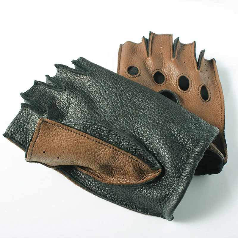 Men's Genuine Leather 100% Deerskin Unlined Half Fingerless Gloves