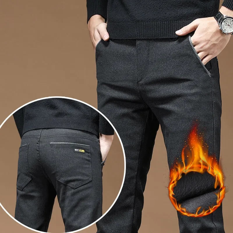 Men's Korean Winter Warm Fleece Straight Slim Business Casual Pants