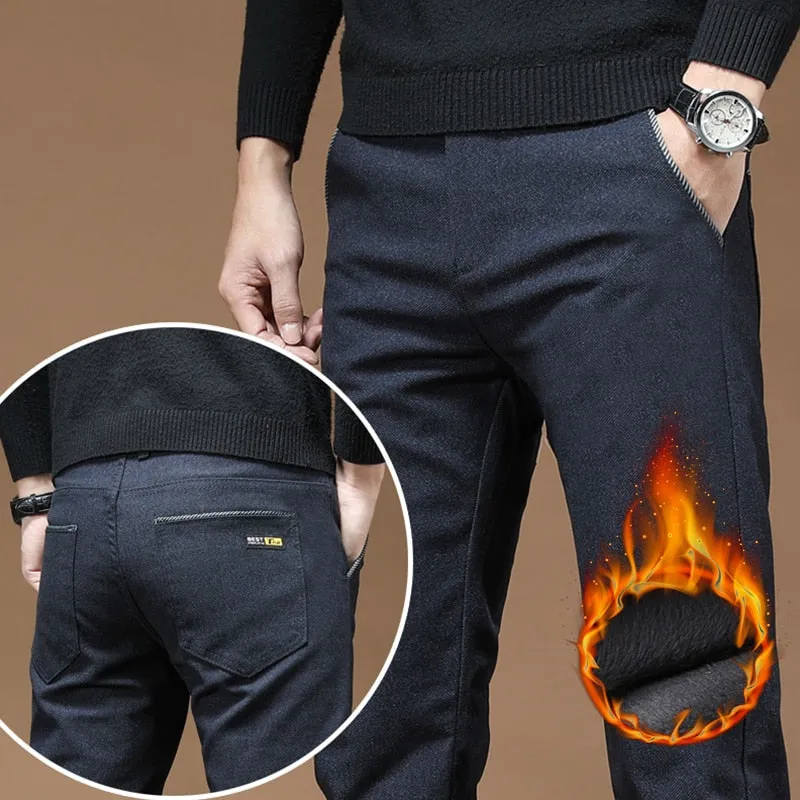 Men's Korean Winter Warm Fleece Straight Slim Business Casual Pants