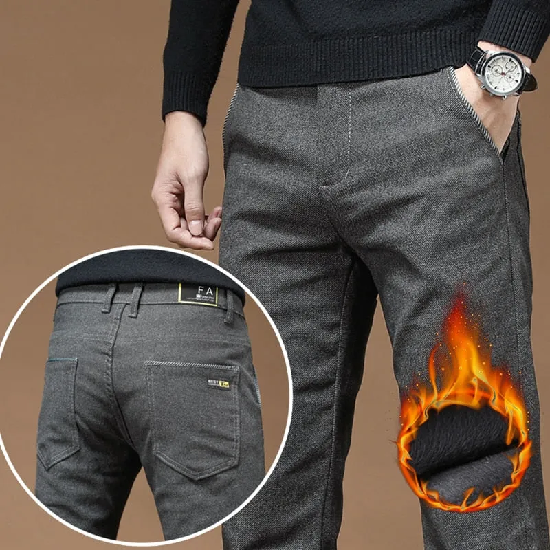 Men's Korean Winter Warm Fleece Straight Slim Business Casual Pants