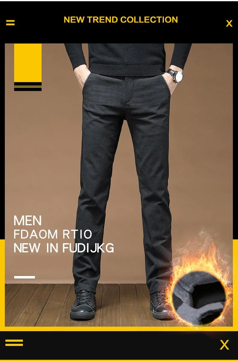 Men's Korean Winter Warm Fleece Straight Slim Business Casual Pants