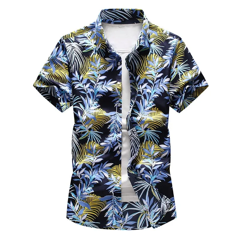 Men's Summer Dark Blue Short Sleeve Slim Fit Casual Beachwear Shirt