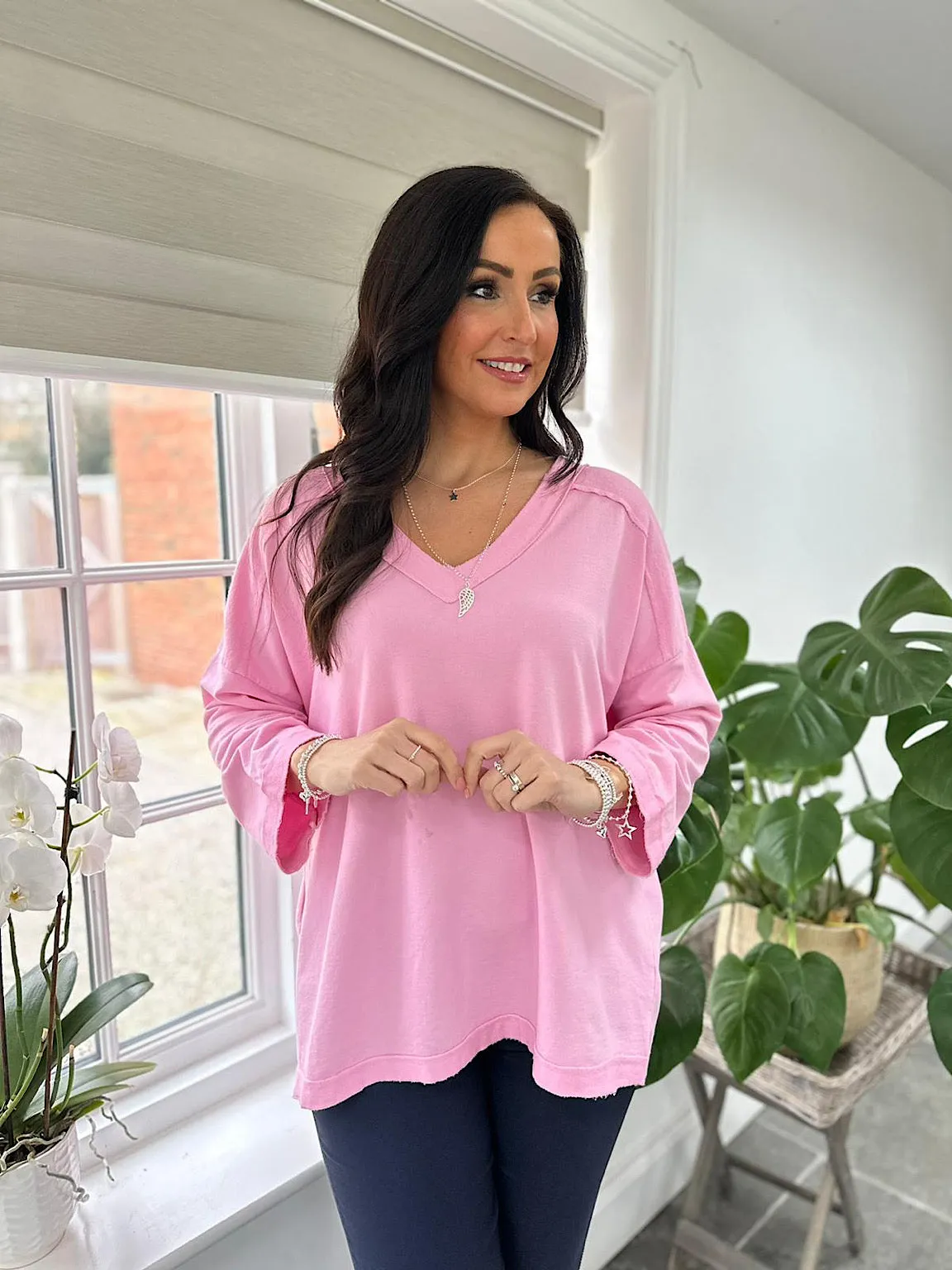 Pink Reverse Seam V Neck Sweat Top Harriet