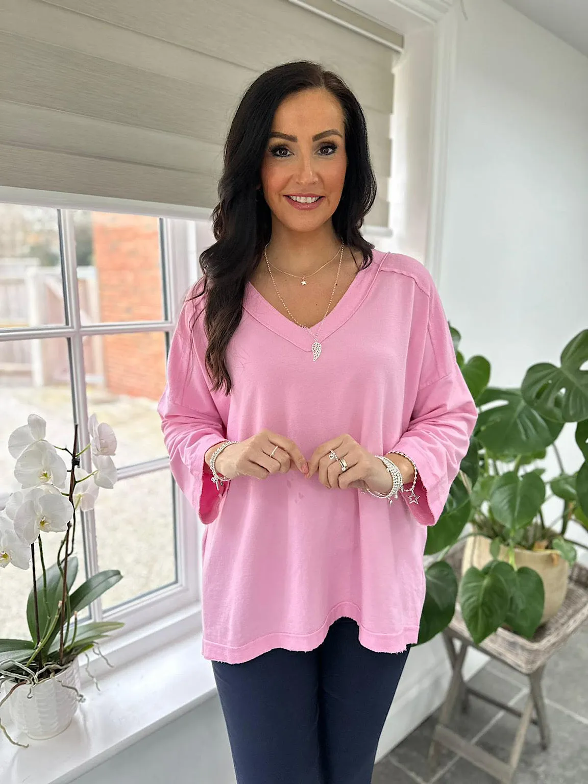 Pink Reverse Seam V Neck Sweat Top Harriet