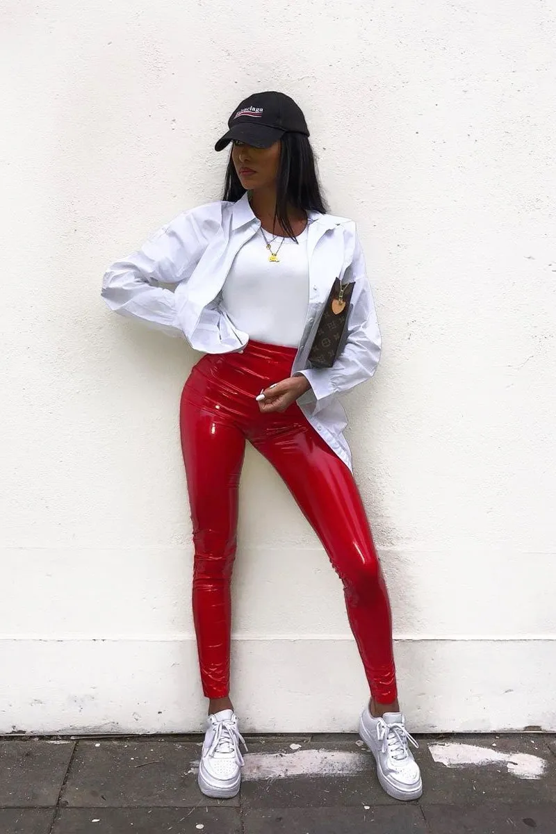 Red Shiny Vinyl PU Leggings - Rio