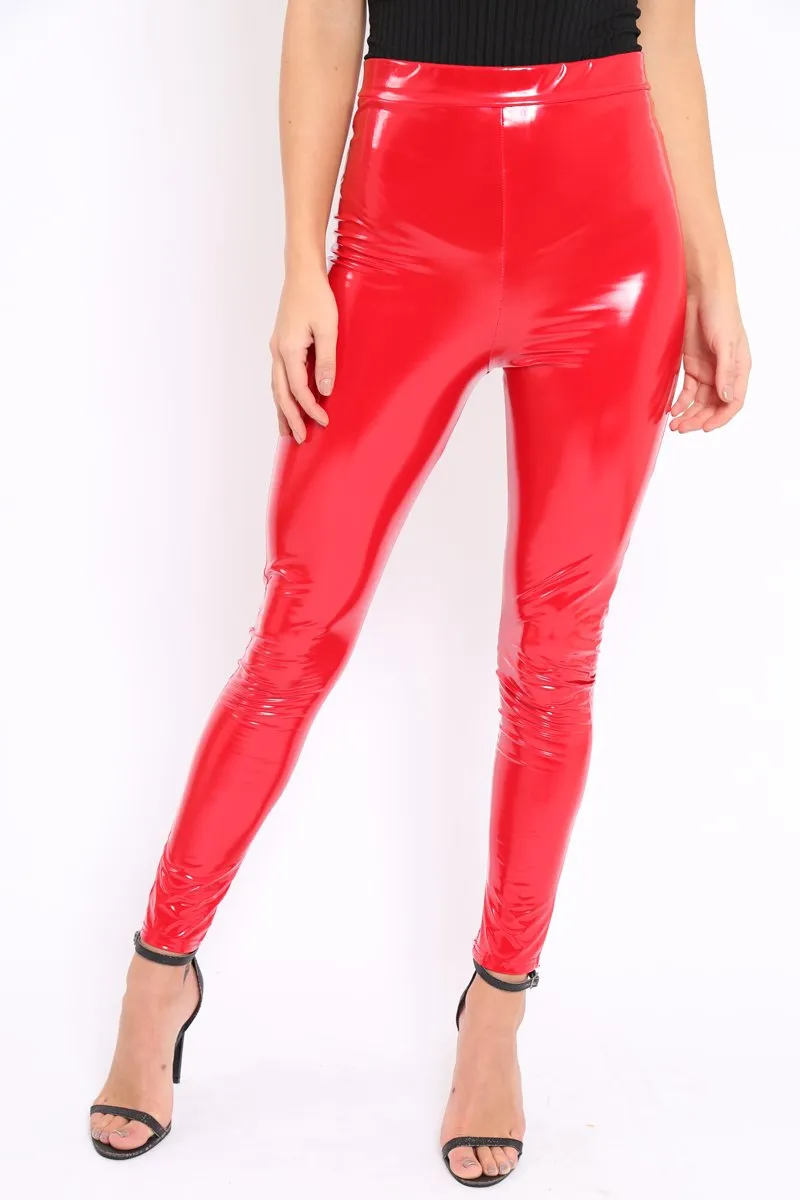 Red Shiny Vinyl PU Leggings - Rio