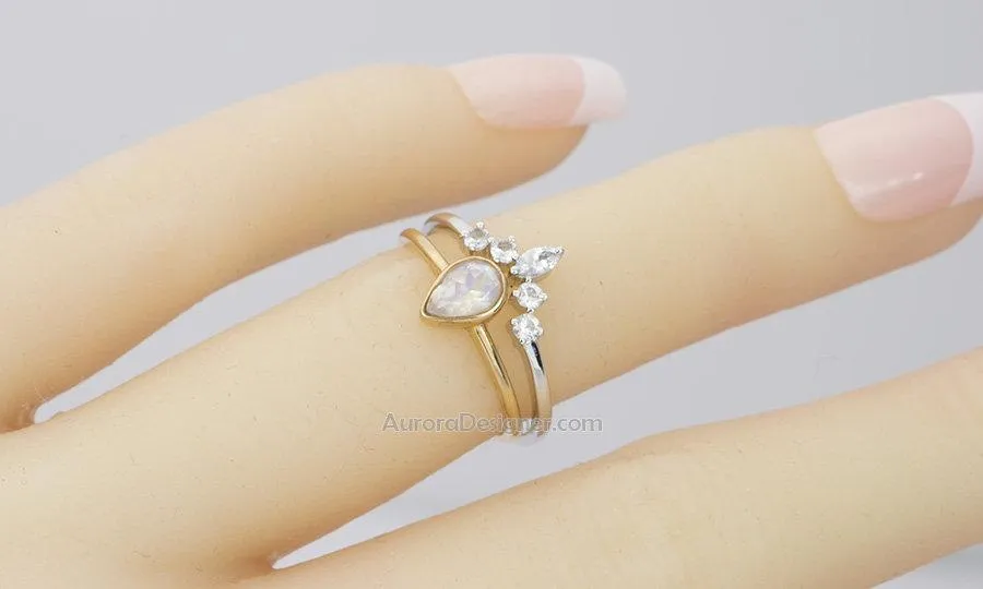 Round & Marquise Shape White Sapphire Crown Ring 14K Gold AD1446