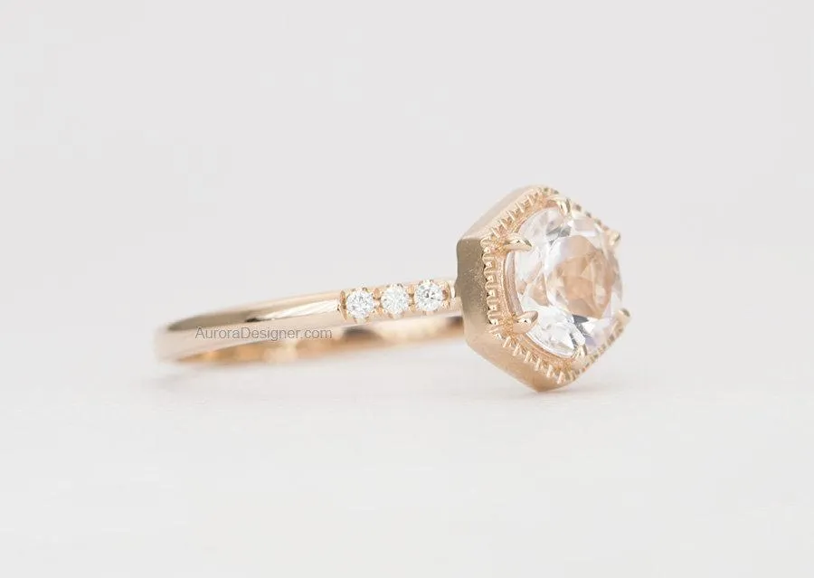 Soft Pink 6.5mm Morganite in Hexagon Setting 14K Rose Gold Engagement Ring AD1462MO