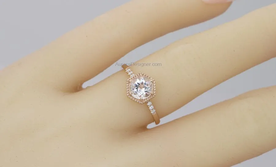 Soft Pink 6.5mm Morganite in Hexagon Setting 14K Rose Gold Engagement Ring AD1462MO