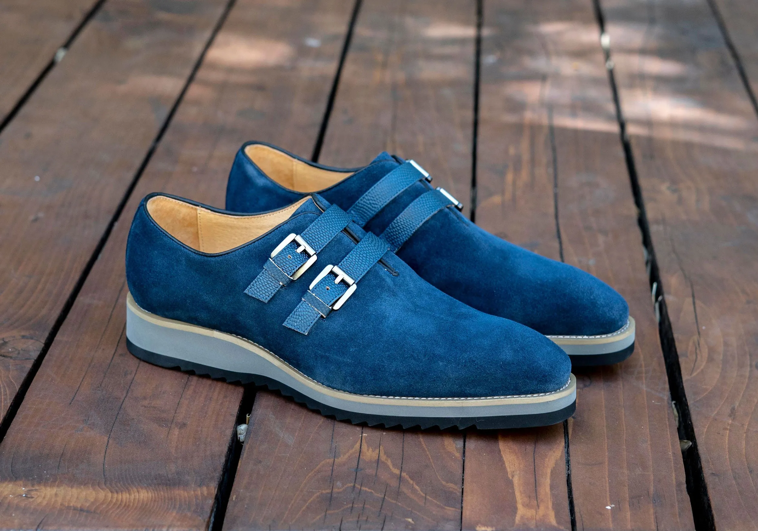 Suede Slip-On Double Buckle Shoe Navy