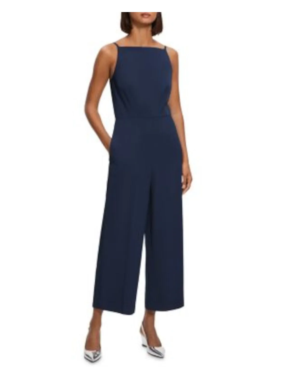 THEORY Womens Navy Zippered Pocketed Spaghetti Strap Square Neck Cropped Jumpsuit