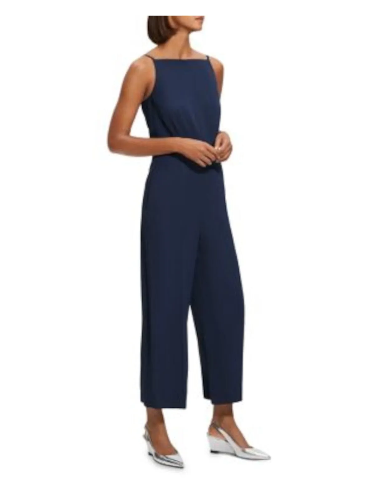 THEORY Womens Navy Zippered Pocketed Spaghetti Strap Square Neck Cropped Jumpsuit