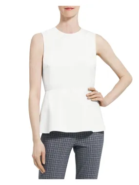 THEORY Womens White Zippered Lined Sleeveless Crew Neck Wear To Work Peplum Top