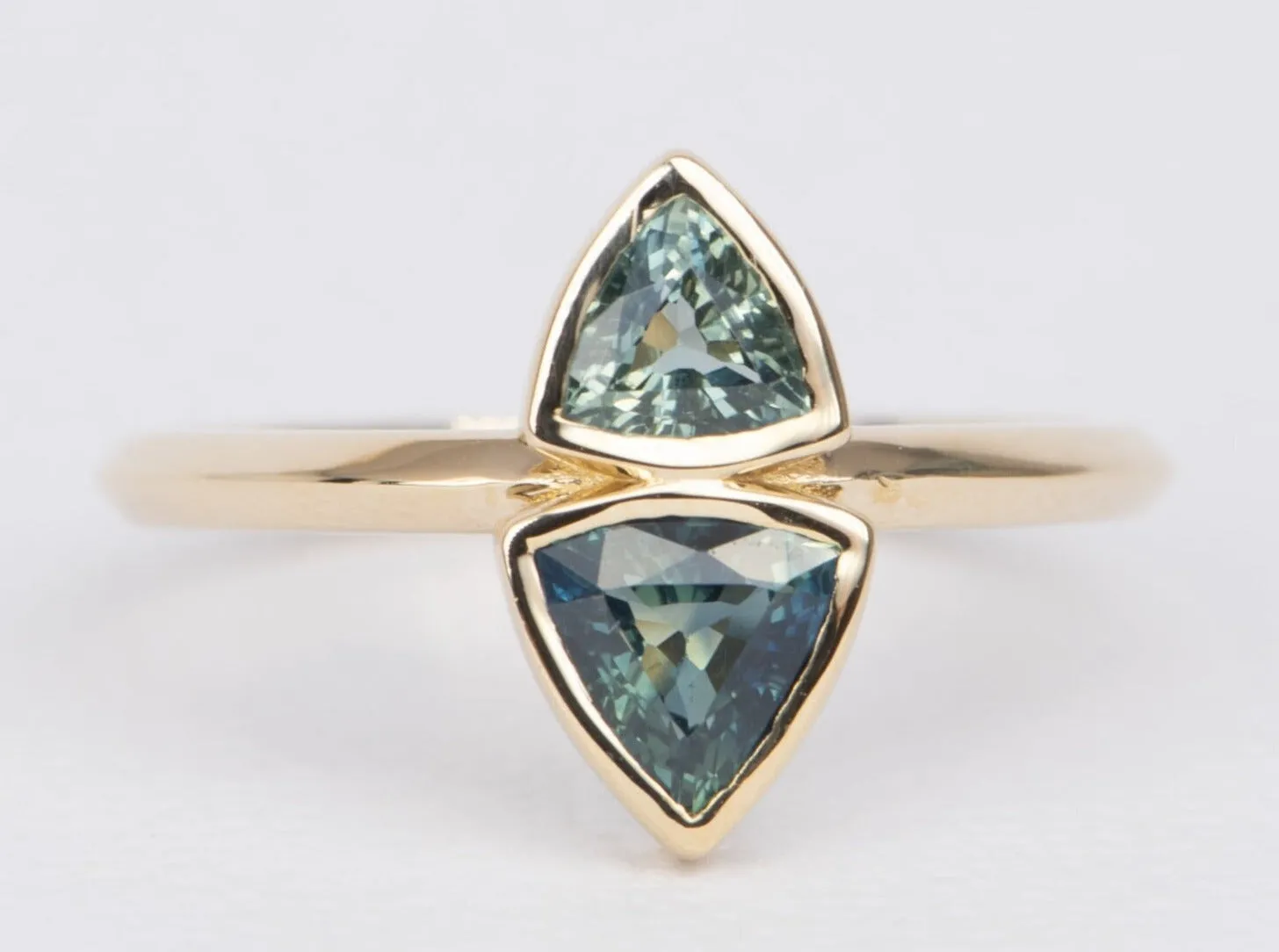 Triangle Teal Sapphire You and Me Right Hand Ring 14K Gold R6489