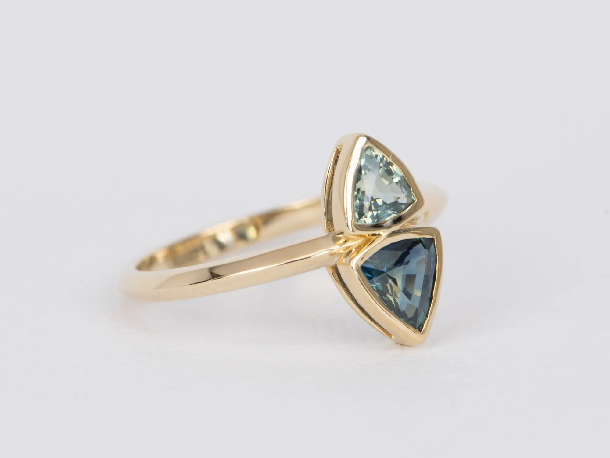 Triangle Teal Sapphire You and Me Right Hand Ring 14K Gold R6489