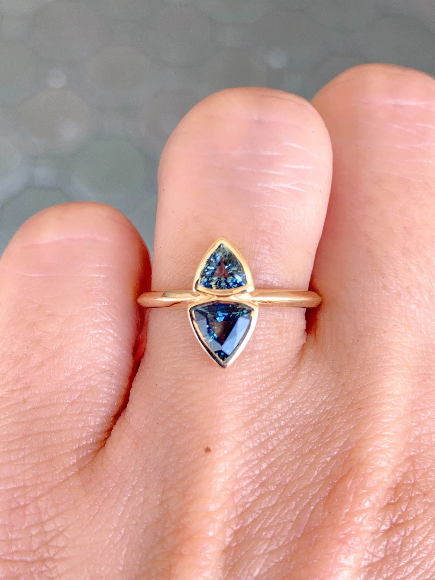 Triangle Teal Sapphire You and Me Right Hand Ring 14K Gold R6489