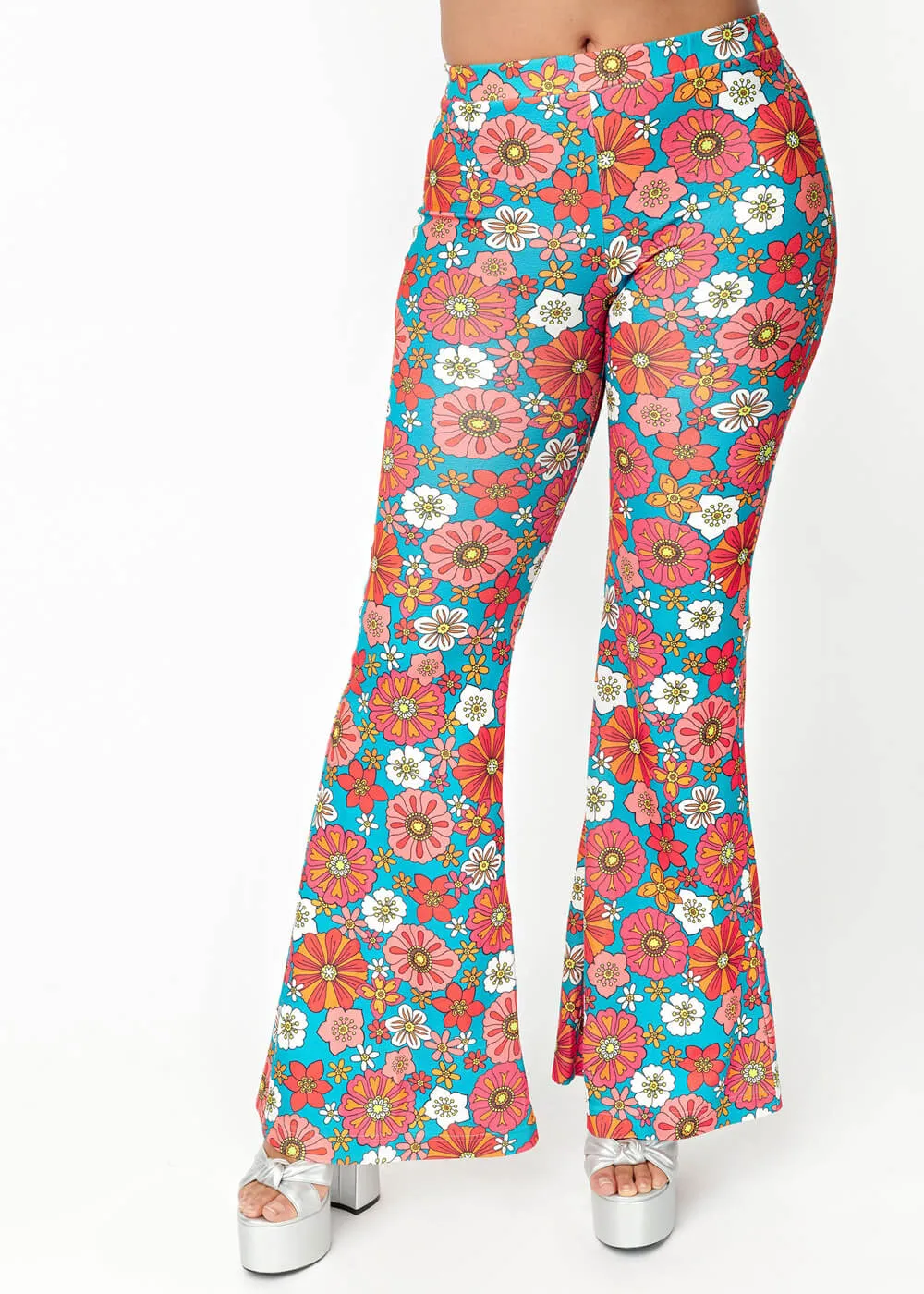 Unique Vintage Smak Parlor Find Your Flare Floral 60's Trousers Teal Pink