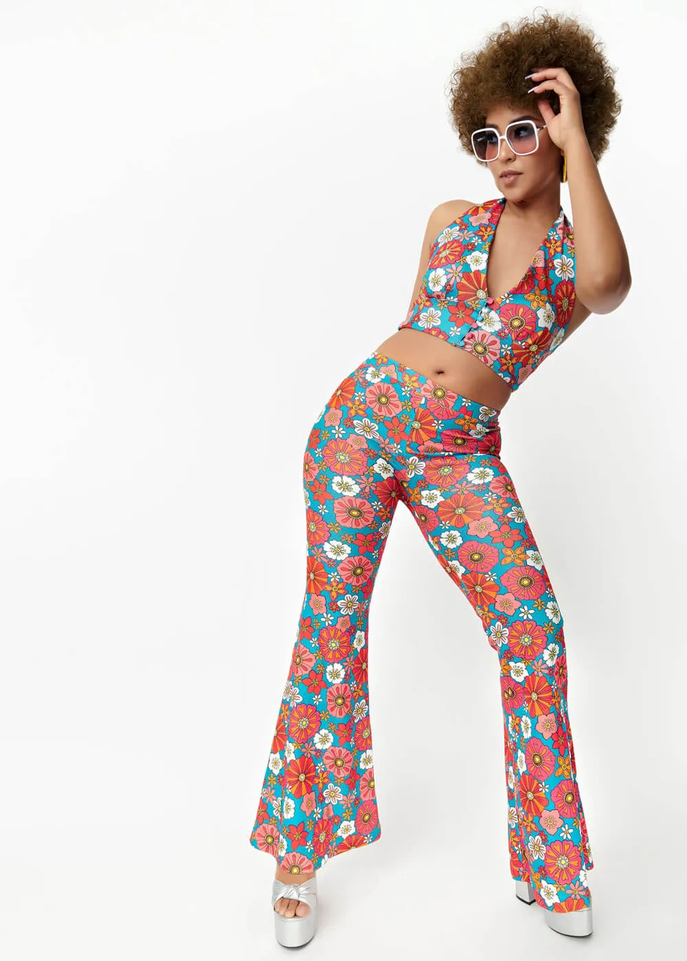 Unique Vintage Smak Parlor Find Your Flare Floral 60's Trousers Teal Pink