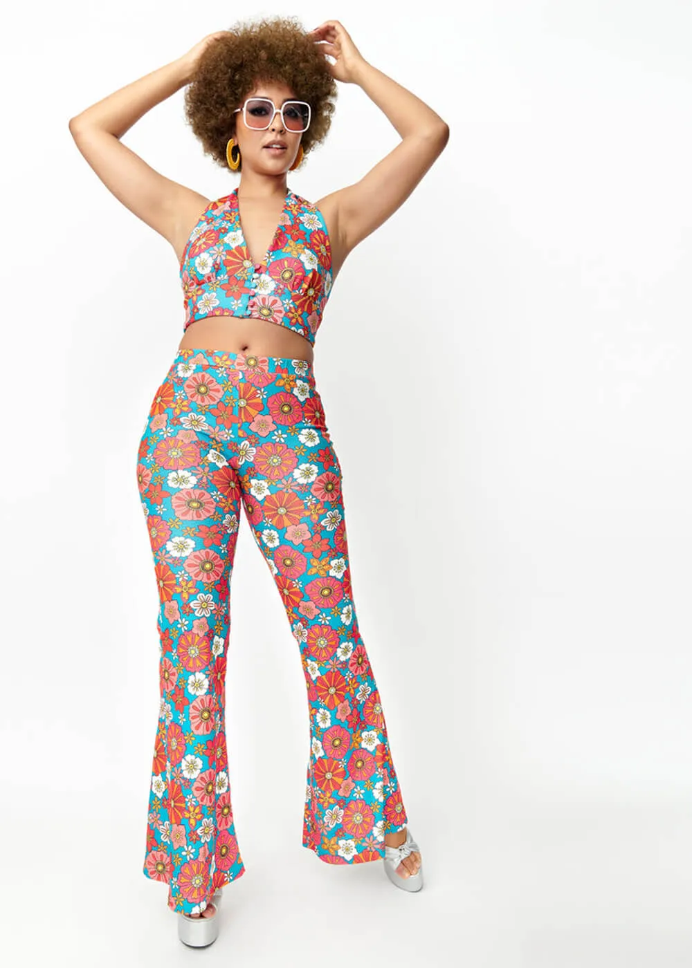 Unique Vintage Smak Parlor Find Your Flare Floral 60's Trousers Teal Pink