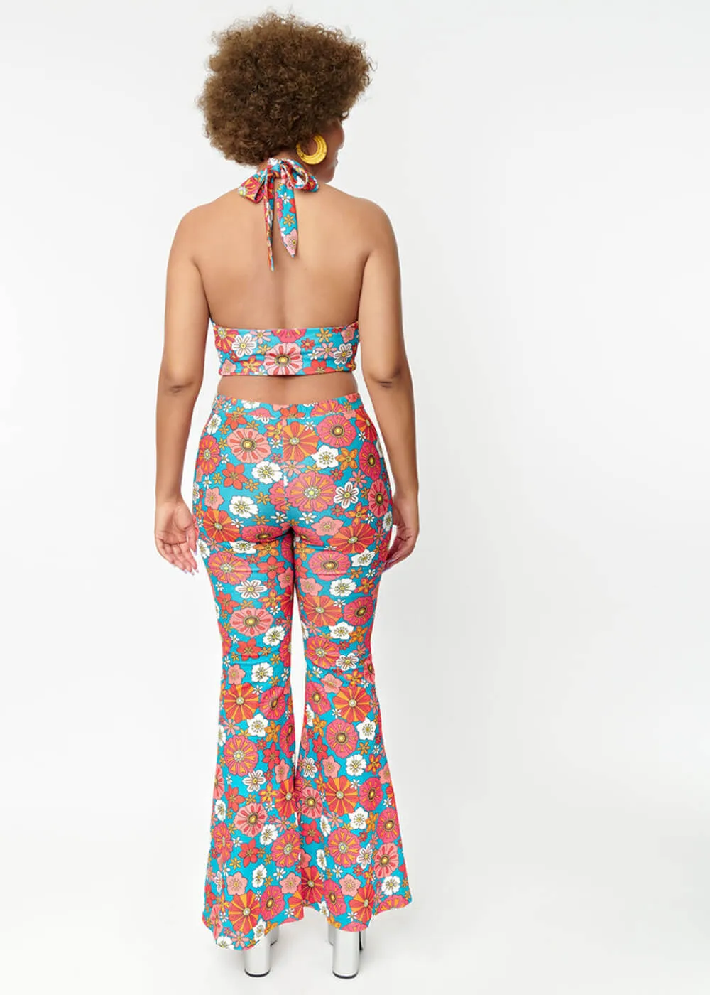 Unique Vintage Smak Parlor Find Your Flare Floral 60's Trousers Teal Pink