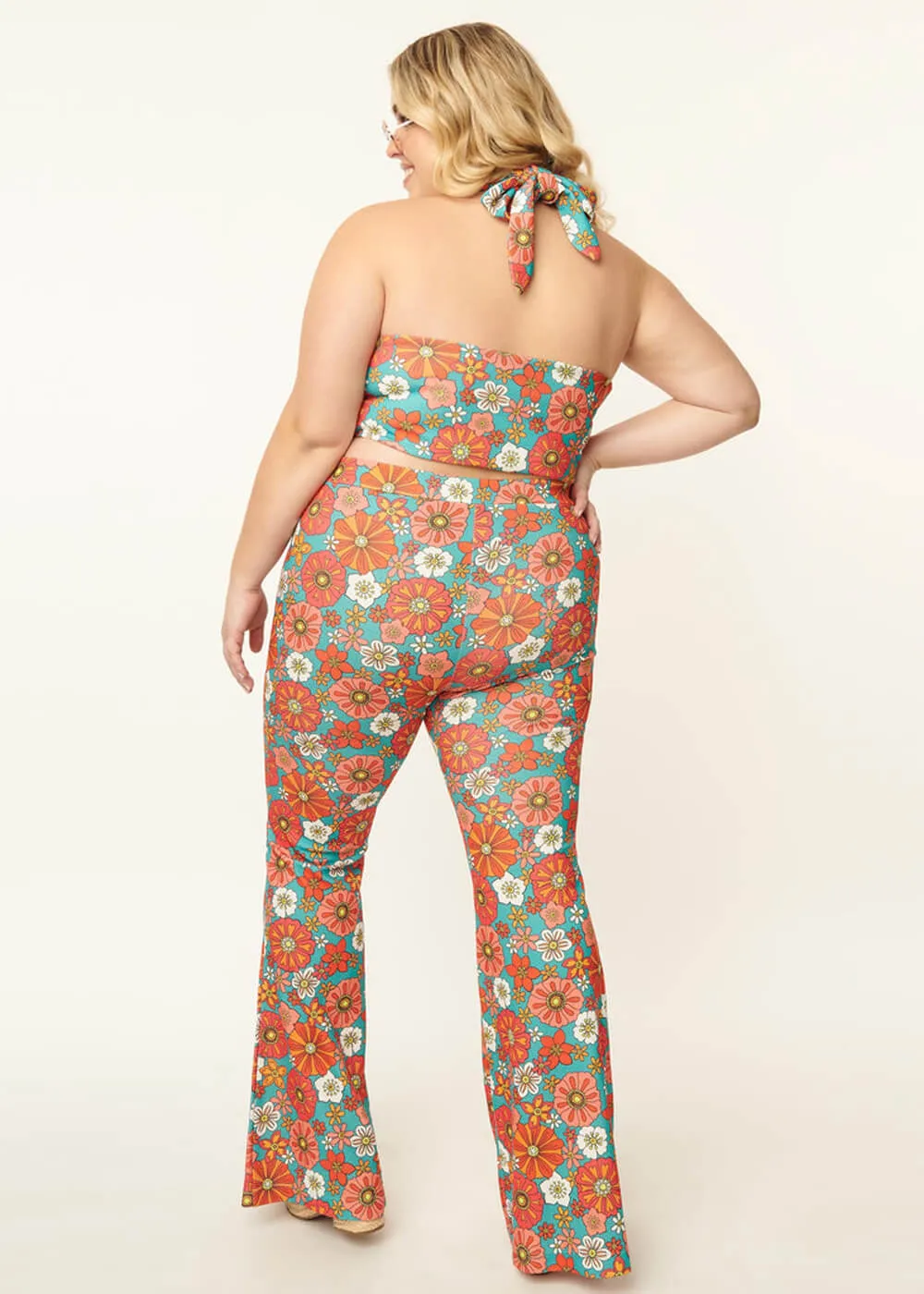 Unique Vintage Smak Parlor Find Your Flare Floral 60's Trousers Teal Pink