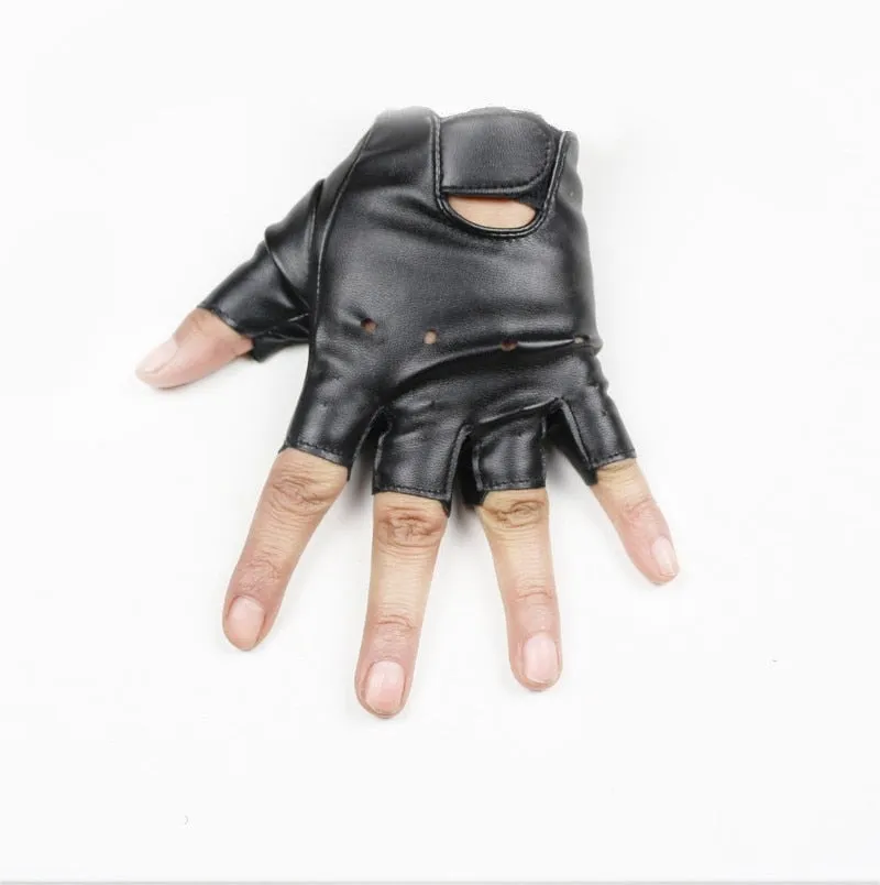 Unisex Kids Black Half Finger Outside Sport Warm Synthetic Leather Gloves