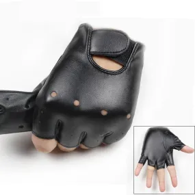 Unisex Kids Black Half Finger Outside Sport Warm Synthetic Leather Gloves