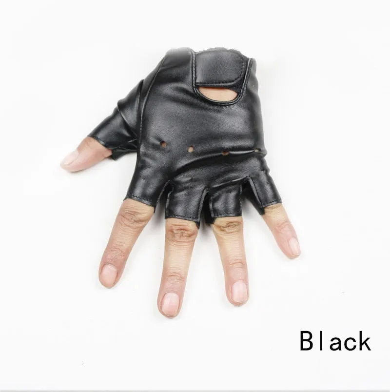 Unisex Kids Black Half Finger Outside Sport Warm Synthetic Leather Gloves