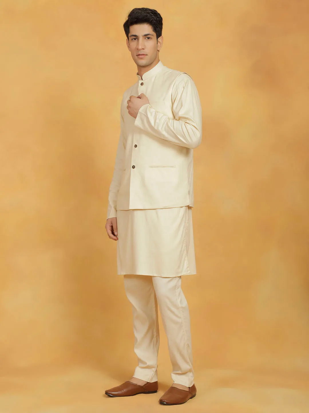 VASTRAMAY Men's Cream Linen Cotton Jacket, Kurta and Pyjama Set