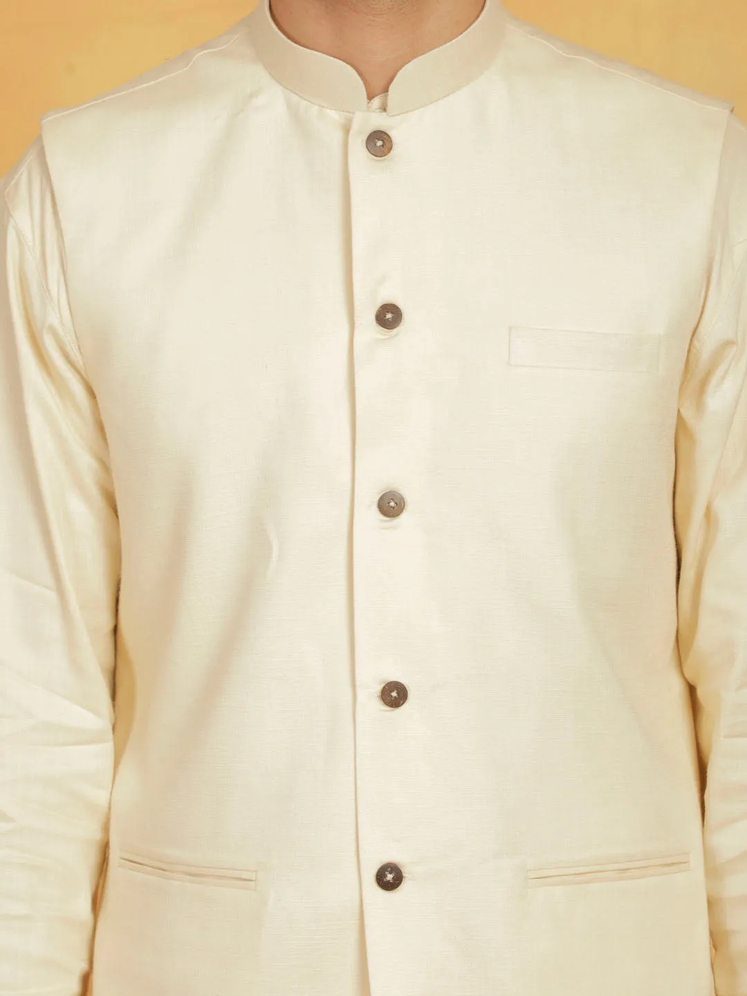 VASTRAMAY Men's Cream Linen Cotton Jacket, Kurta and Pyjama Set