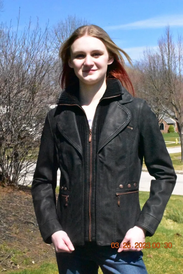 Women's Faux leather Jacket-BF1701-CHAR/BLK