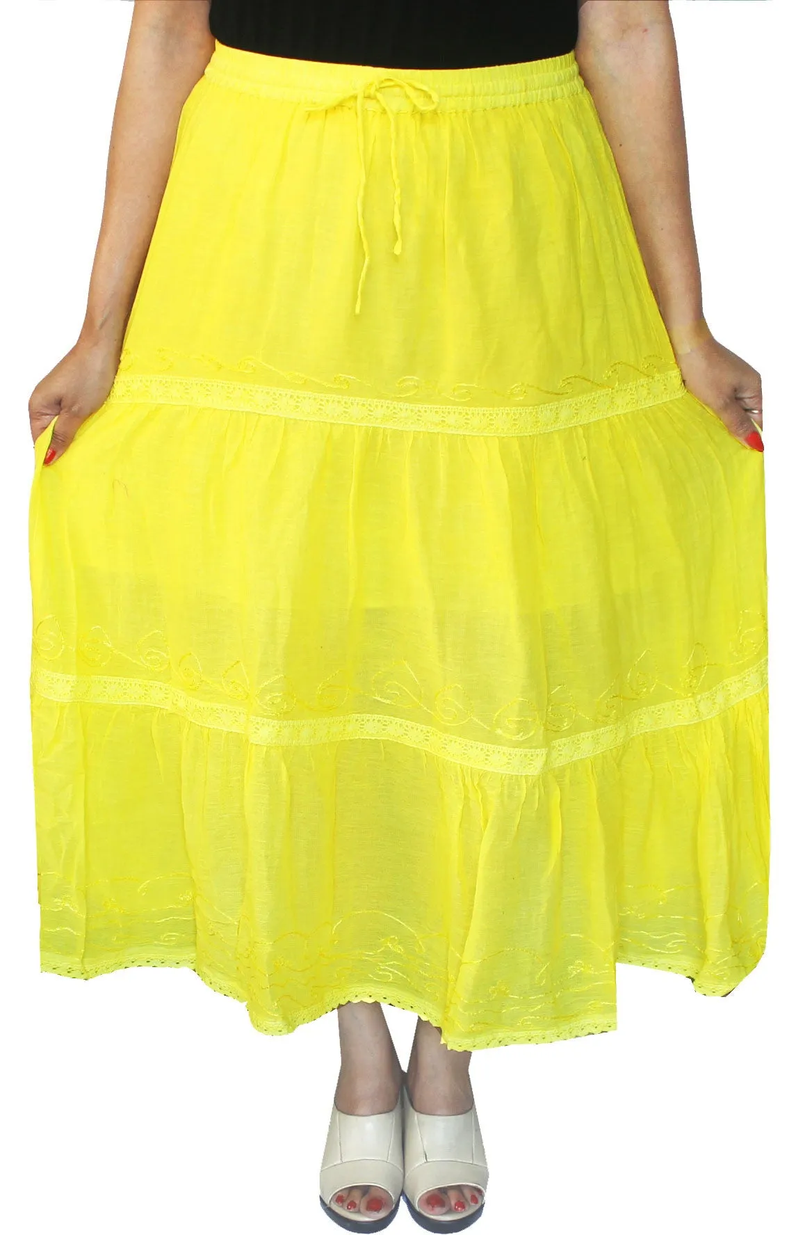 Womens Solid Embroidered Cotton Womens Skirt Indian Clothing (Yellow)